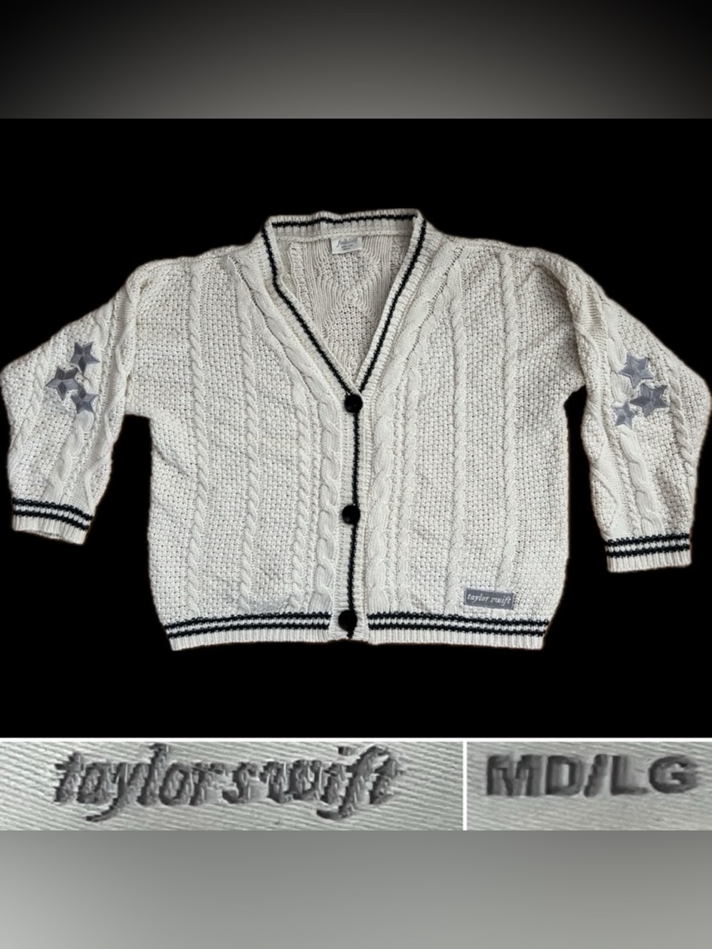 🩶Folklore Album Cream Cable Knit Charcoal Trim Cardigan Patch Taylor Swift M/L